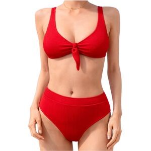 Cupshe Red Ribbed High-Waisted Bikini Set • Size Large • NEW WITH TAGS